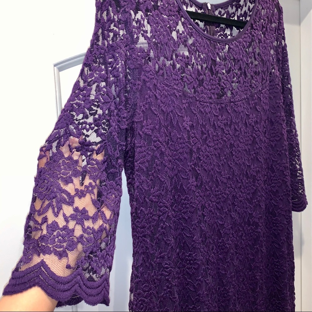 Purple Lace 3/4 Sleeves Modest Stretch Dress sz 16